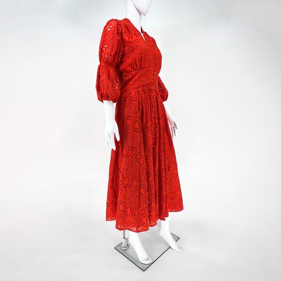 Cult Gaia Willow Guipure Lace Midi Dress Red Madeira Puff Sleeve Size M - Picture 6 of 7